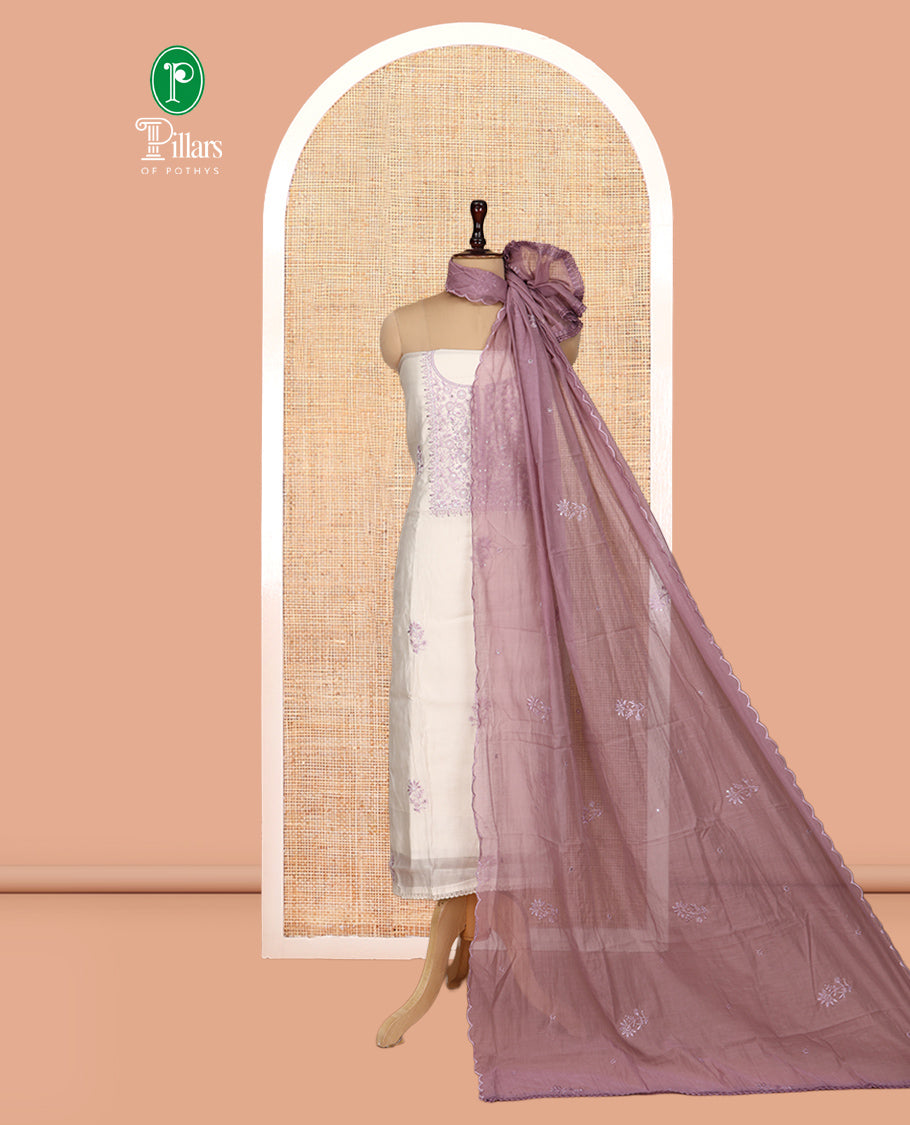 Cream-Lavender Mul Chanderi Material Churidar Features Thread-Sequins Embroidered Top, a Contrast Bottom, Scallop Embroidered Dupatta