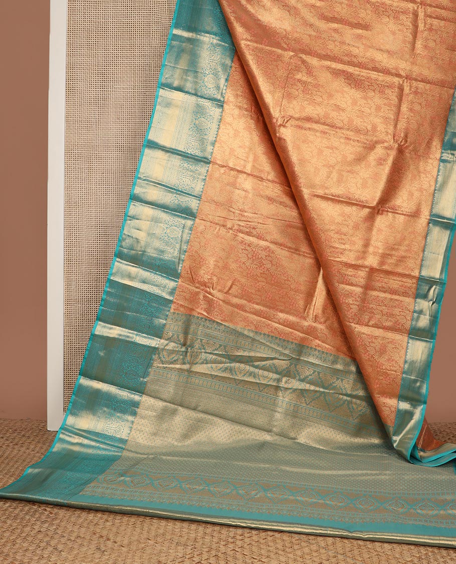 Orange zari jacquard budget silk saree, contrast traditional zari design border, and intricate pallu