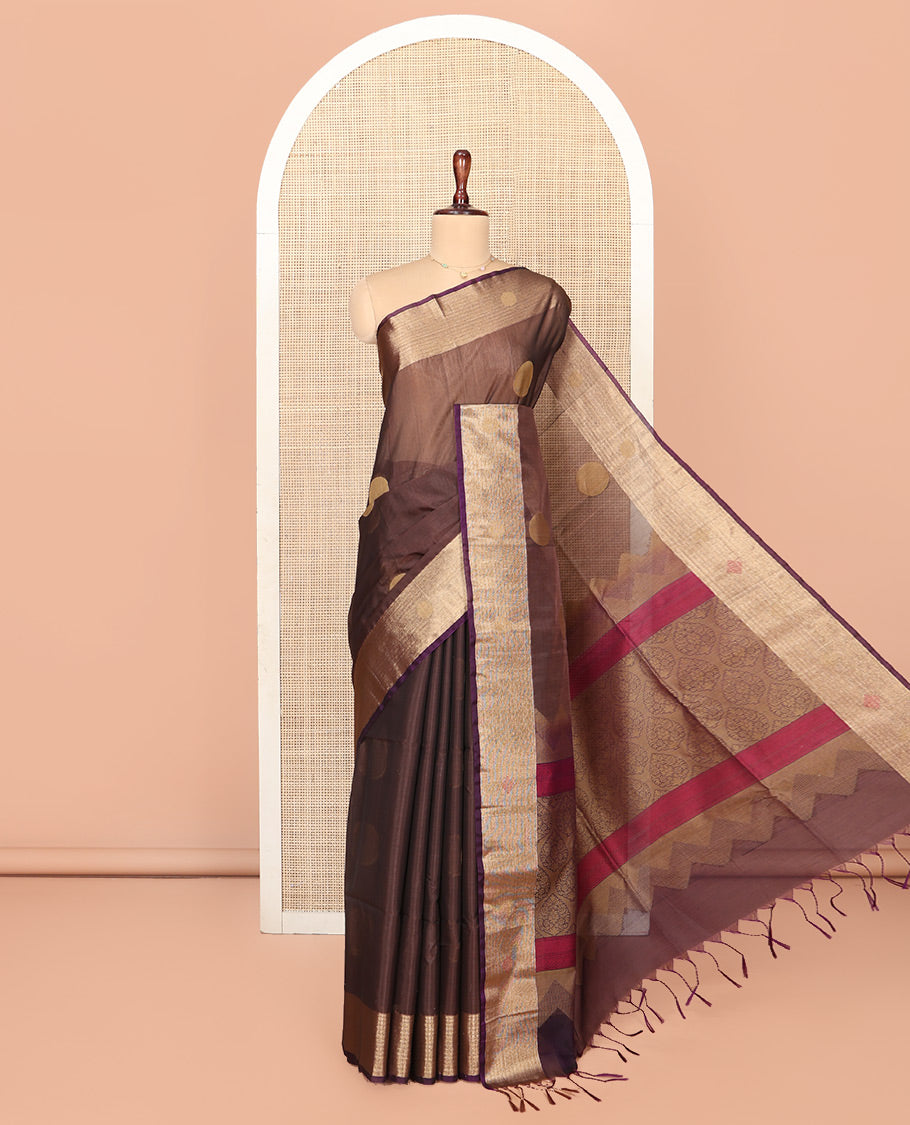 Brown Silk Cotton Saree, Spotlighted with Round Buttas All Over Its Body, Complemented by Contrast Border, Sparsely Woven Pallu, and Paired with a Contrast Blouse