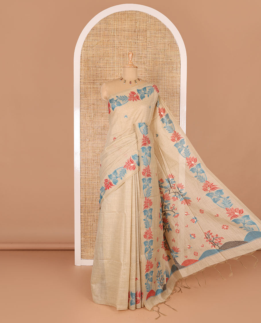 Light sandal resham thread buttas Munga cotton saree, jamdani floral creeper border, jamdani floral pallu, and contrast floral zari buttas blouse