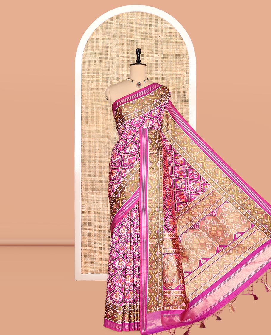 Purple Intricate Motif Semi-Patan Patola Saree, Patola Printed Tissue Border, and a Matching Blouse