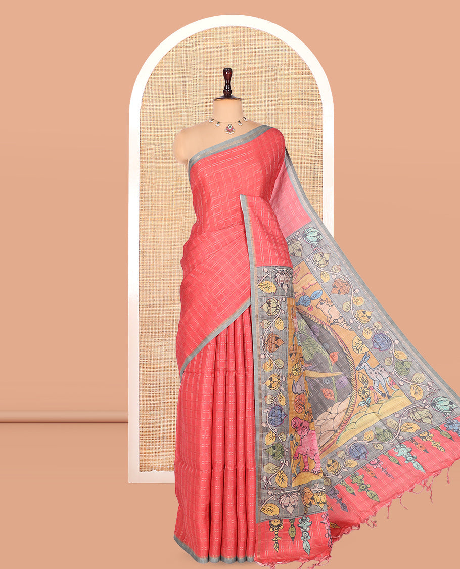 Dark Peach Fancy Tussar Silk Saree, Graced with Checked Design, Contrast Zari Piping Border, Kalamkari Pallu, and Contrast Kalamkari Printed Blouse