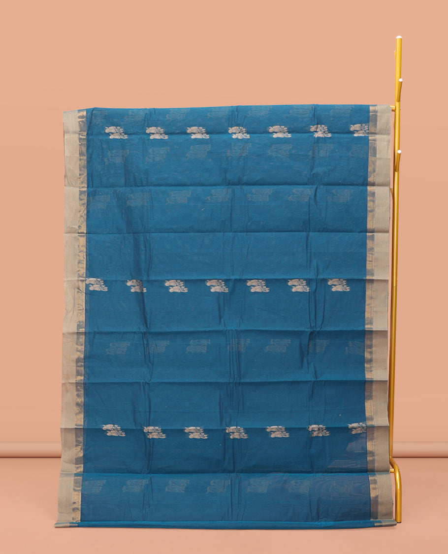 Blue Kanchi Cotton Saree, Accentuated with Thread Buttas On Its Body, Complemented by a Contrast Border, Intricately Designed Pallu, and a Matching Blouse