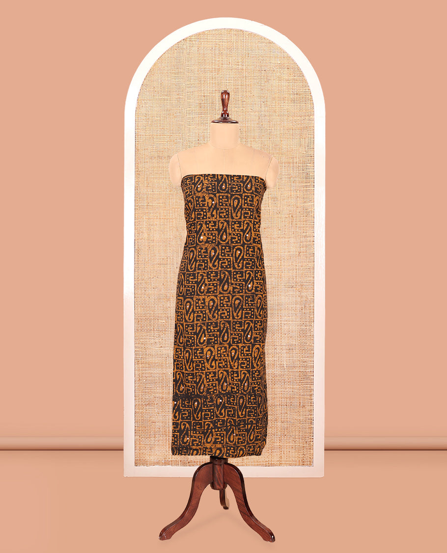 Black-Orange Cotton Material Churidar Set, Paisley Batik Printed Top, a Matching Bottom, a Batik Printed Dupatta