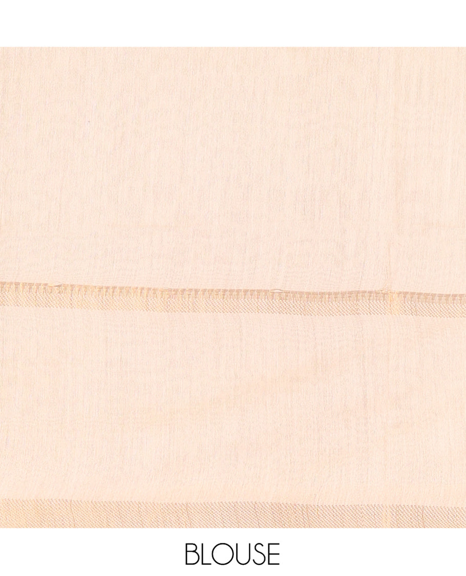 Cream Bhagalpur Cotton Saree, Adorned with Zari Buttas, a Temple Zari Border, Self-Pallu, and a Matching Blouse