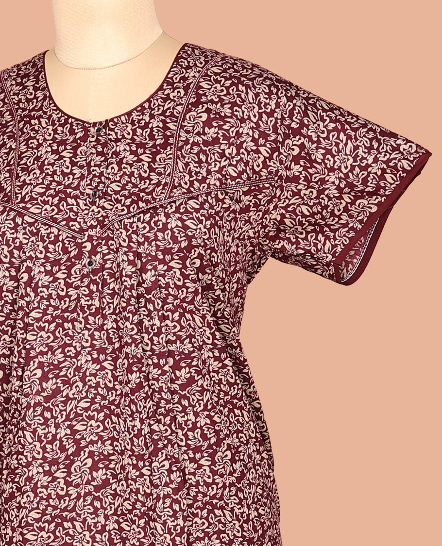 Brown Round Neck Cotton-Blended Nighty