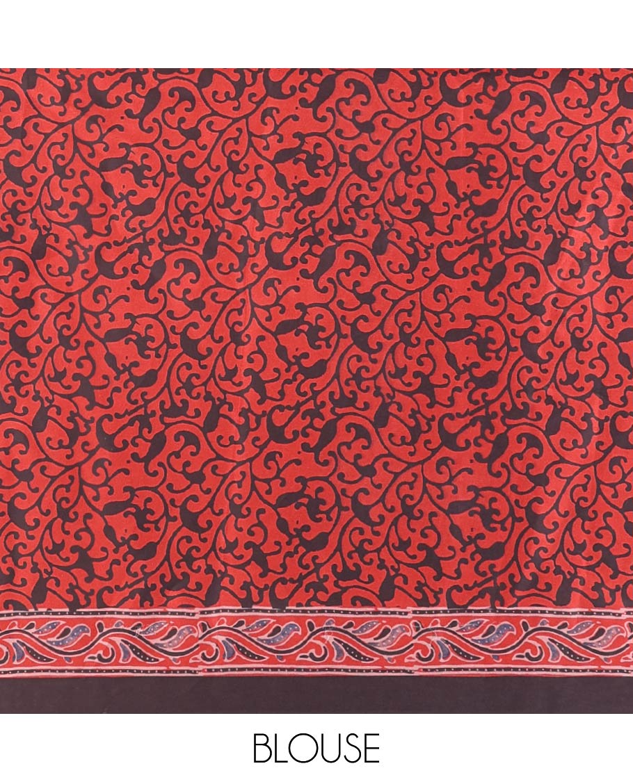 Red ajrakh printed modal satin silk saree with printed border & ajrakh printed pallu along with printed blouse