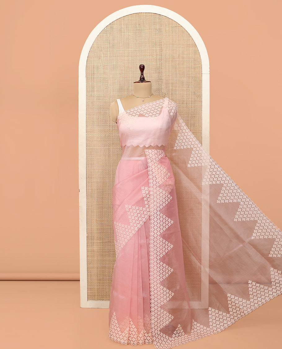 Pink Plain Organza Saree, a Subtle Scallop-Embroidered Border, and Matching Blouse