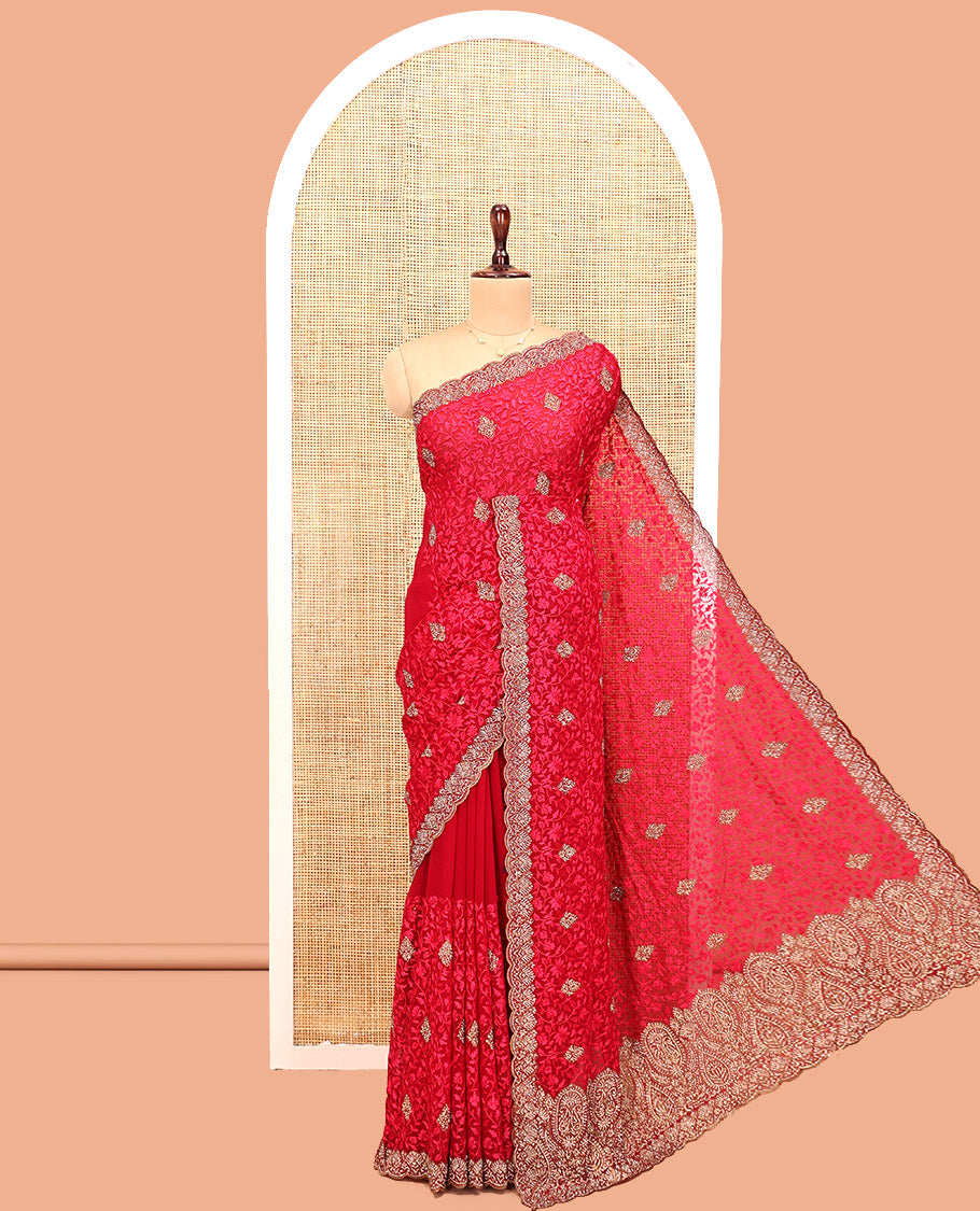 Red Designer Saree, Opulently Embellished with Floral Jaal and Embroidery Buttas, a Scallop Border, and a Matching Blouse