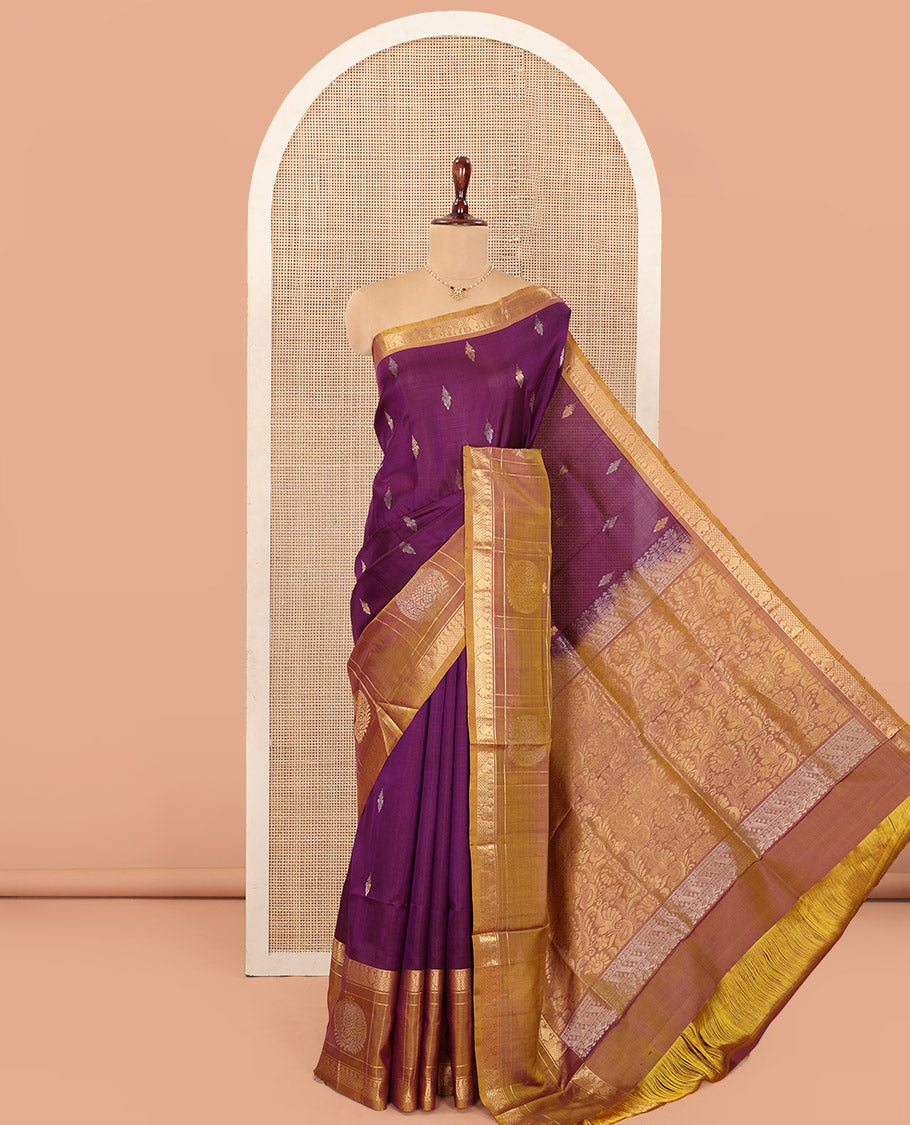 Purple Uppada Silk Saree Embellished with Zari Buttas, Complemented by a Contrast Traditional Zari Border of Zari Designs, Contrast Pallu of Floral and Paisley Designs, and Paired with a Contrast Blouse