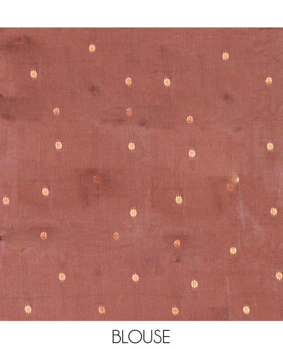 Rust Orange Kanchi Silk Saree Enriched with Zari Checks All Over Its Body, Complemented by Contrast Traditional Zari Design Woven Temple Border, Elegantly Decked Up Pallu, and Paired with a Contrast Blouse