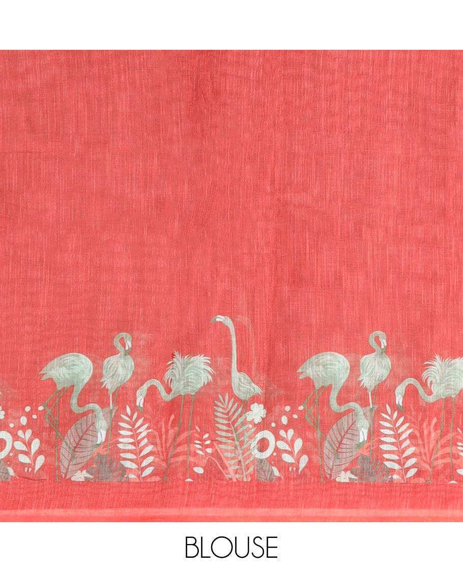 Green Linen Cotton Saree, Prettified with Floral Crane Motifs Print, a Contrast Border, and a Contrast Blouse