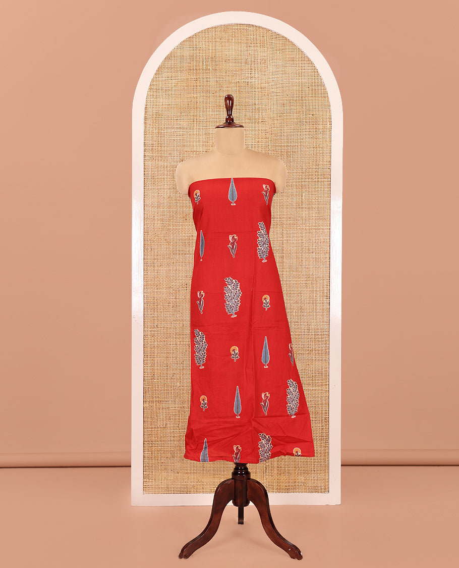 Rust Jaipur Cotton Material Chudidar Set, Unique Floral Block-Printed Top, Contrast Bottom, and Plain Dupatta