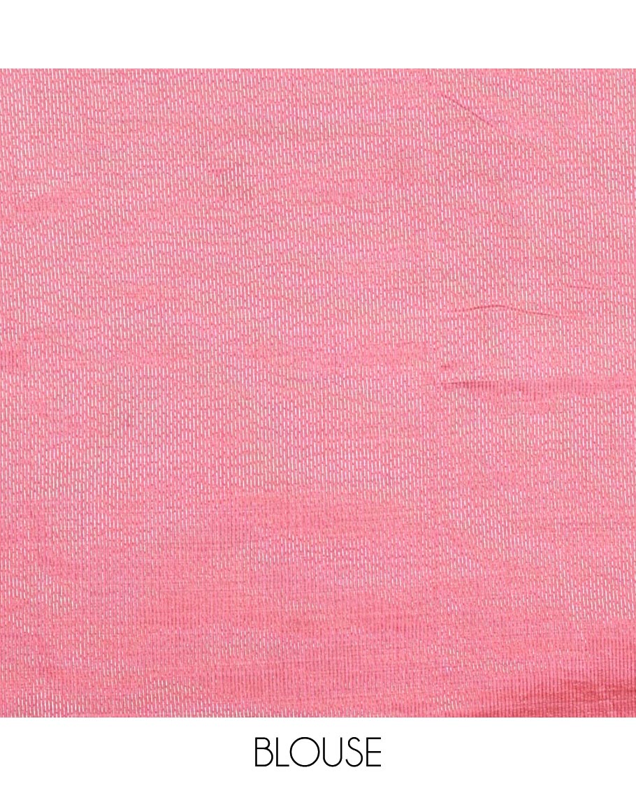 Pink Semi-Tussar Saree Embellished with Zari Horizontal Stripes and Thread Floral Designs, Featuring a Subtly Woven Temple Zari Border, a Striped Pallu, and a Matching Blouse