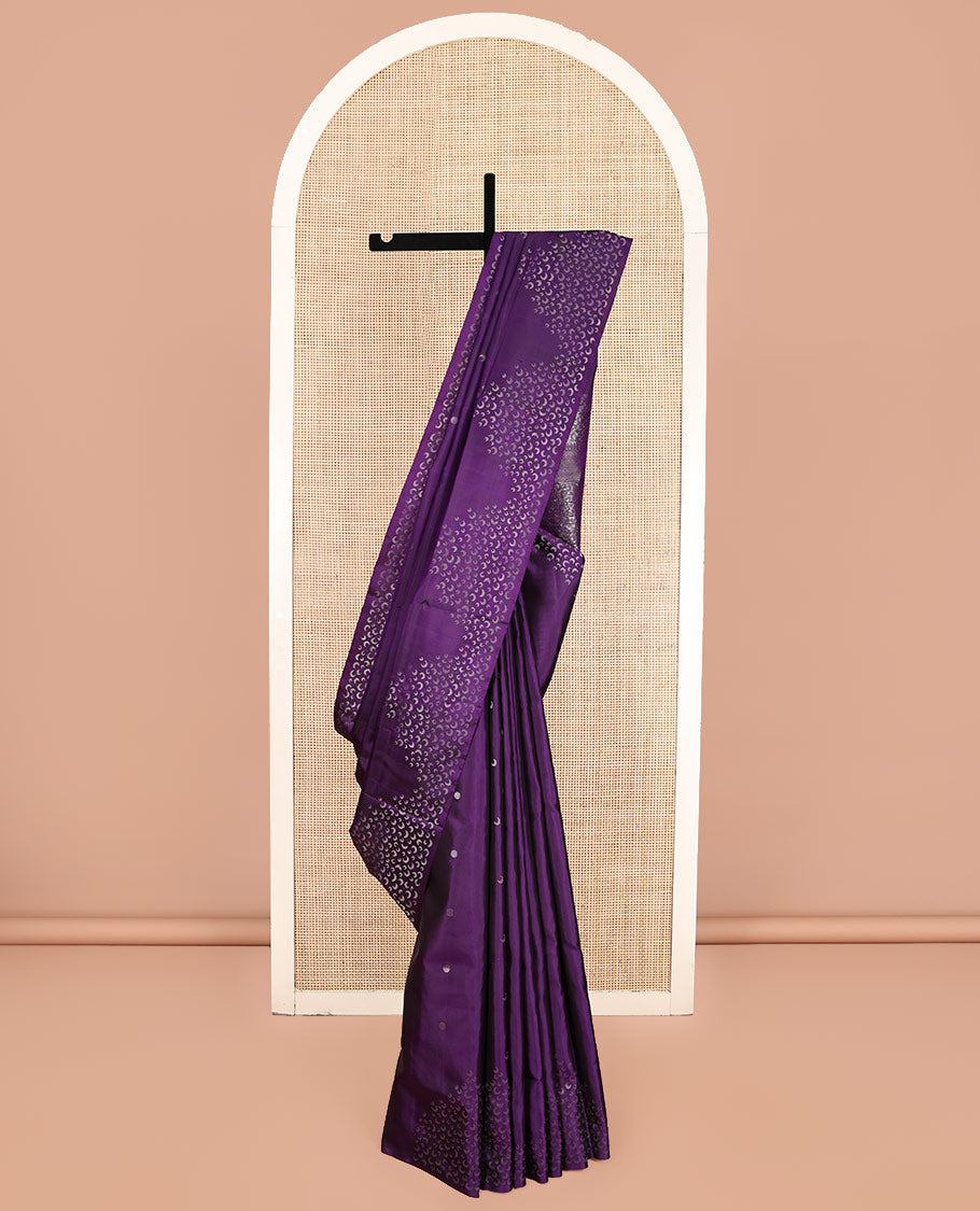 Violet Mayuri Soft Silk Saree, Mesmerized with Moon Buttas, Highlighted by a Moon Design Border, Pallu Steeped with Moon Designs, and a Matching Blouse