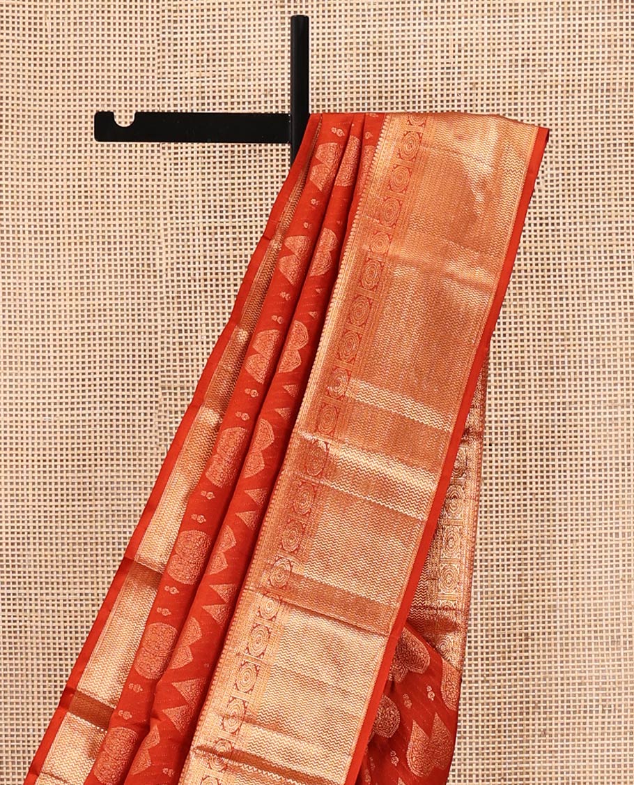 Rust Kanchipuram Wedding Silk Saree, Steeped with Zari Buttas All Over Its Body, Highlighted by Zari Border of Chakram and Vanki Designs, Grand Jaal Pallu and Paired with a Matching Blouse