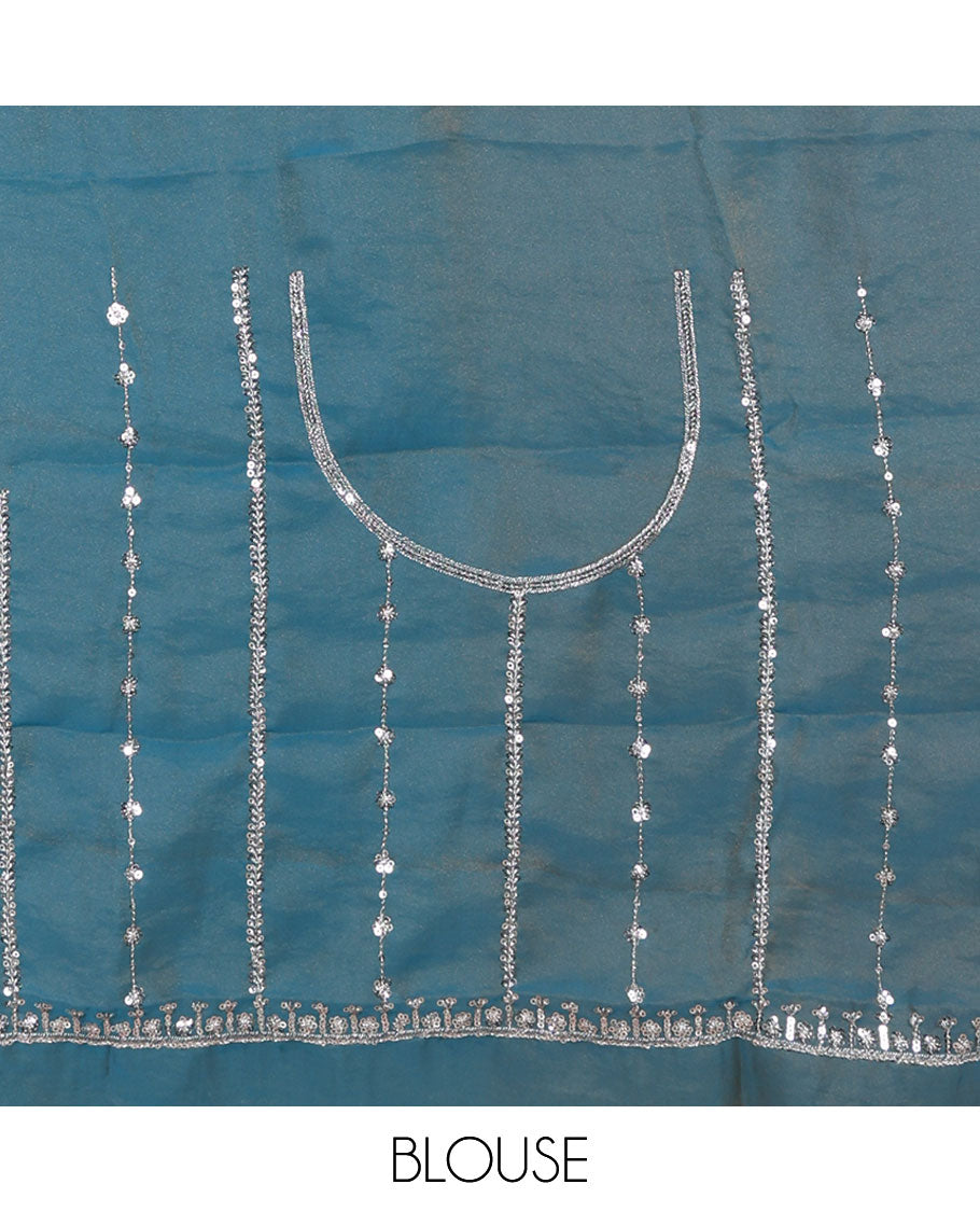 Blue vertical stripes embroidered shimmer chiffon saree, scallop embroidered border, embroidered pallu, and fancy embroidered matching blouse