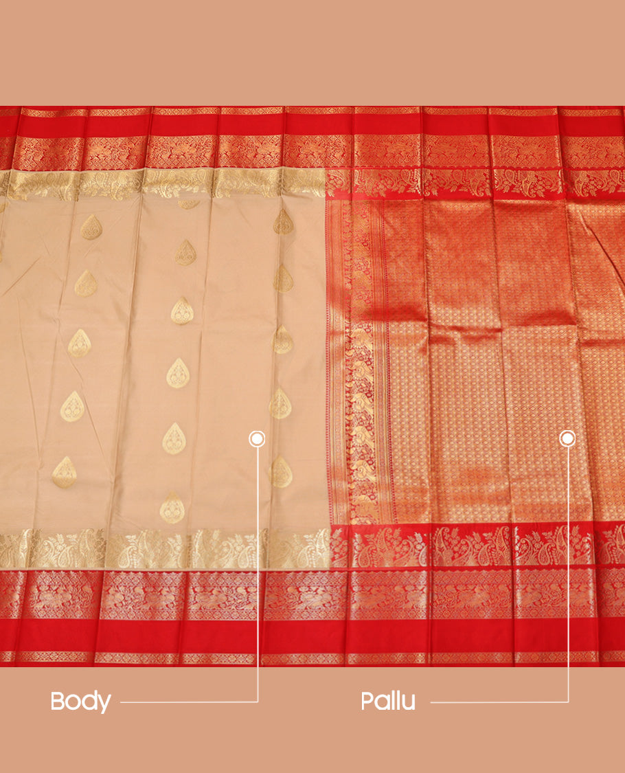 Paan-Chilli Red Zari Buttas Budget Silk Saree, a Contrast Traditional Rettai Pettu Border, Grand Pallu, a Contrast Blouse