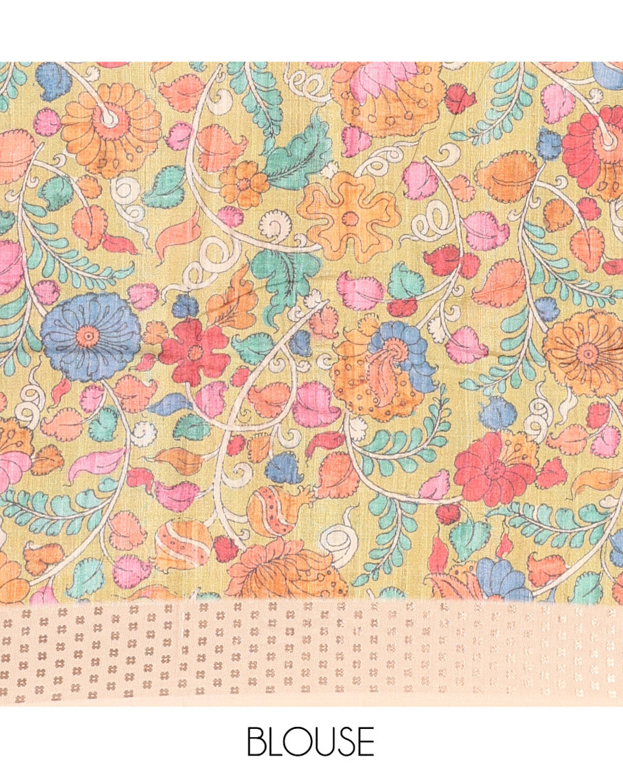 Mustard Plain Fancy Tussar Saree, Complemented by a Contrast Hashtag Motif Border, Kalamkari Flora-Fauna Printed Pallu, and a Contrast Blouse
