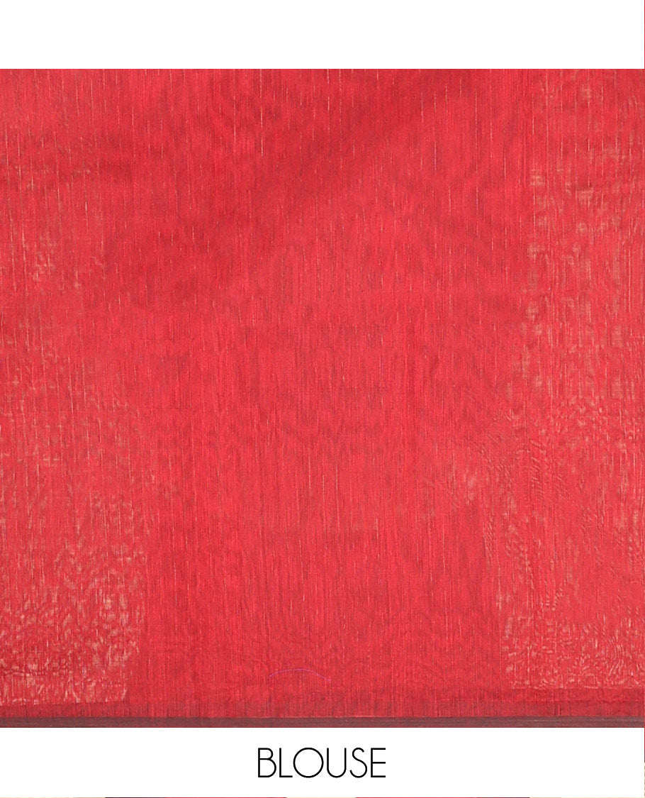 Red Maheshwari Cotton Saree, Accentuated with Buttas All Over Its Body, Complemented by a Contrast Traditional Zari Woven Border of Chevron Designs, Pallu Mirrors the Same Design, and Paired with a Matching Blouse