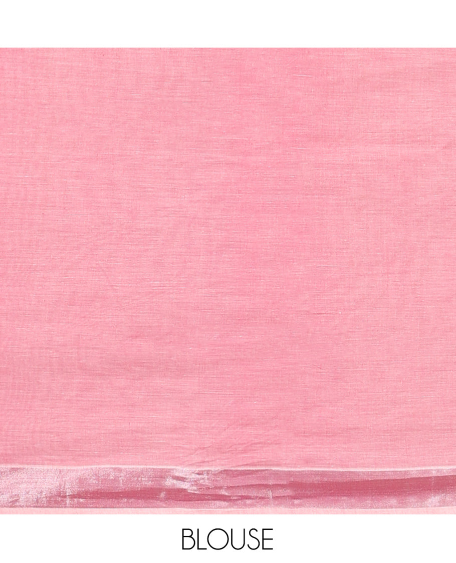 Pink Kerala Cotton Saree, Enthralled with Buttas All Over Its Body, a Zari Bavanji Border, Pallu of Leaf Designs, and Paired with a Matching Blouse