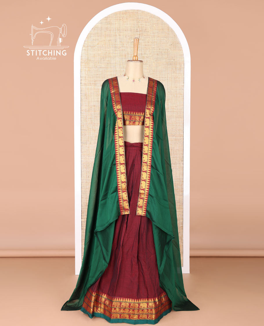 Maroon mercerised cotton daman zari border half saree with cotton blouse & skya georgette one side zari border