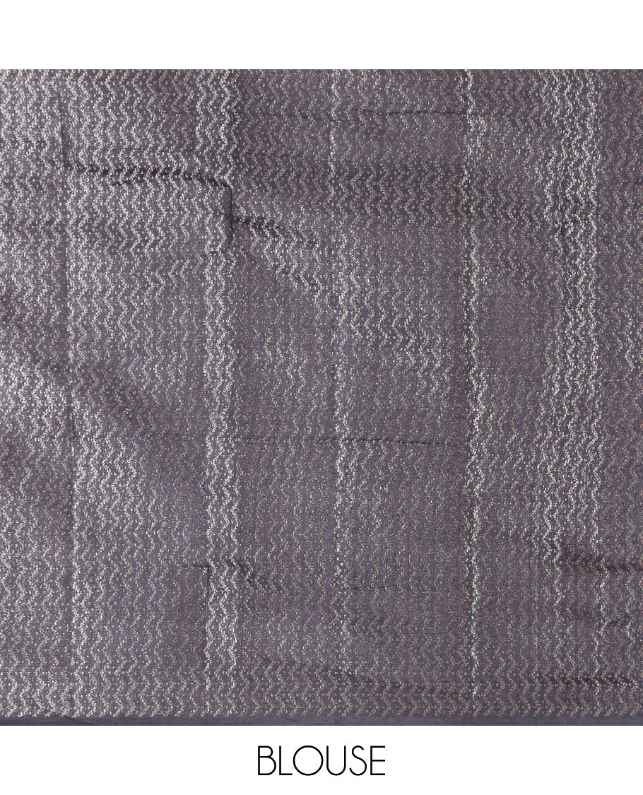 Elephant Grey Tusser Silk Saree, Detailed with Rangoli-Style Designs, a Zari Border, Grand Pallu, and a Matching Blouse