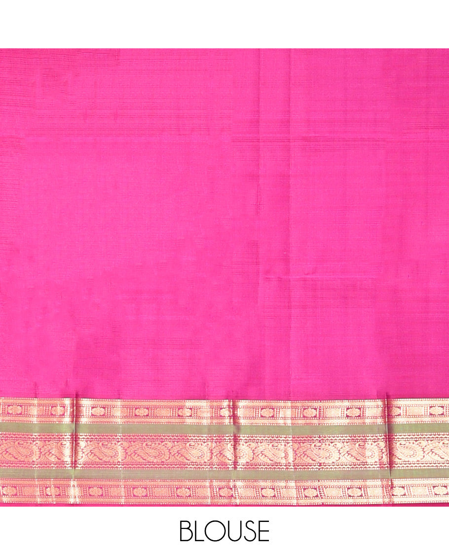 Onion Pink Striped Vasundhara Silk Saree, Contrast Border of Muthu, Mayil Kann, Kamalam, and Manga, Jaal Pallu, a Contrast Blouse
