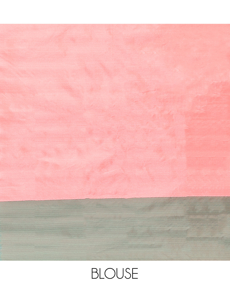 Peach Arani Saree, Sparsely Threaded with Butta Enclosed Checks, a Contrast Bodi Border, Self-Pallu, and a Matching Blouse
