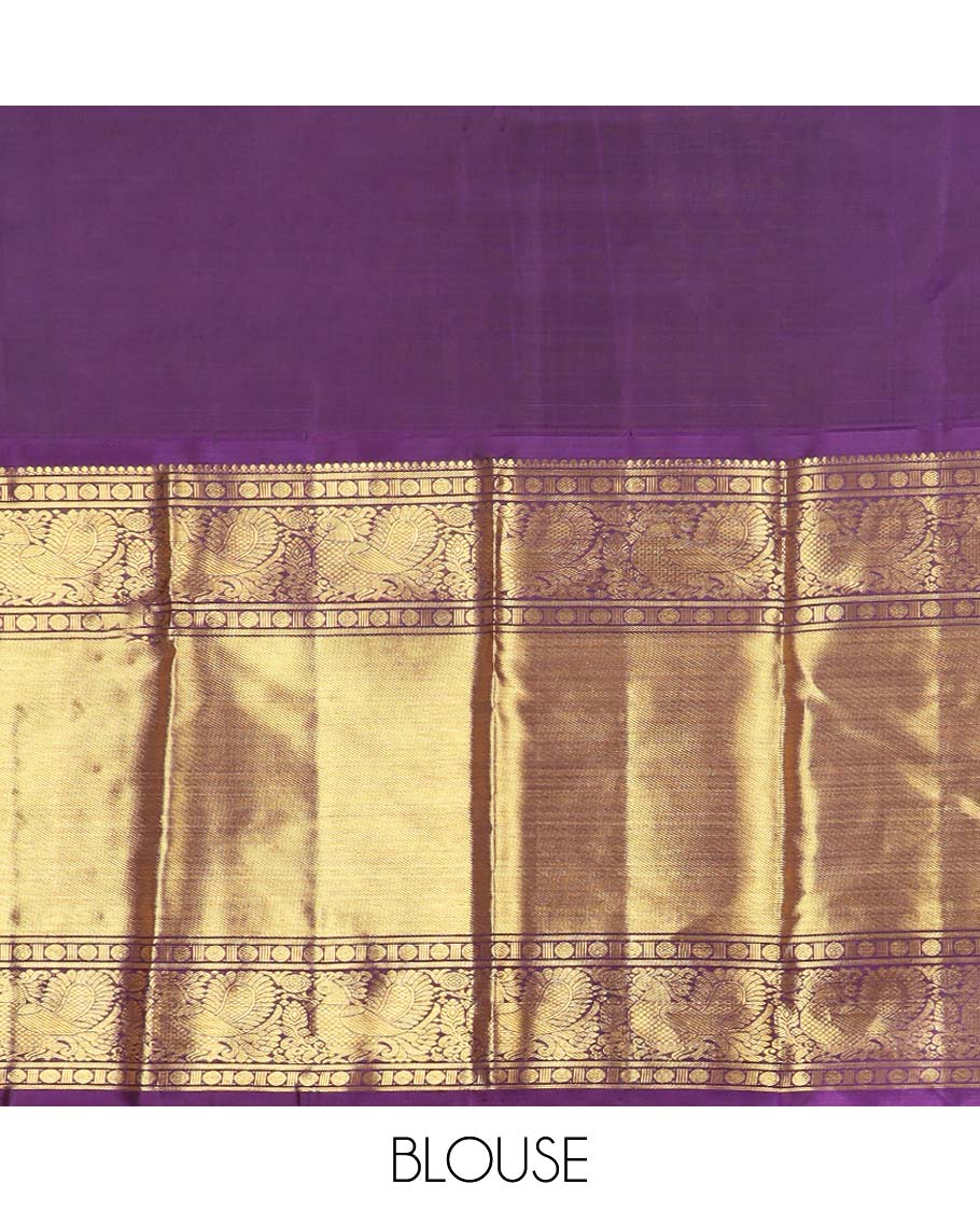 Pink striped, floral buttas samudrika silk saree with contrast border of rekku, mayil, paun, banaras design & zari design pallu