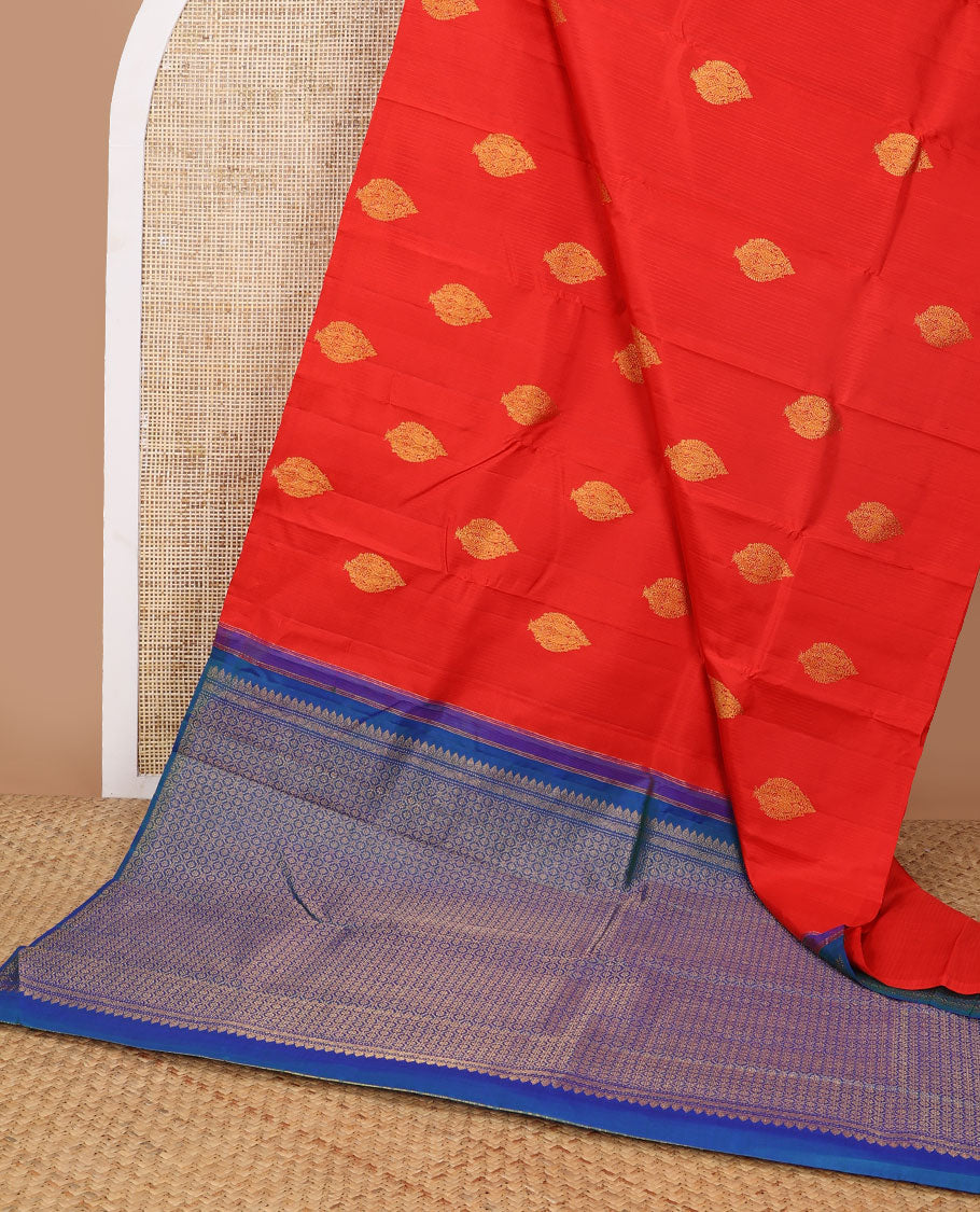 Borderless red leaf buttas kancheepuram silk saree with jaal design pallu