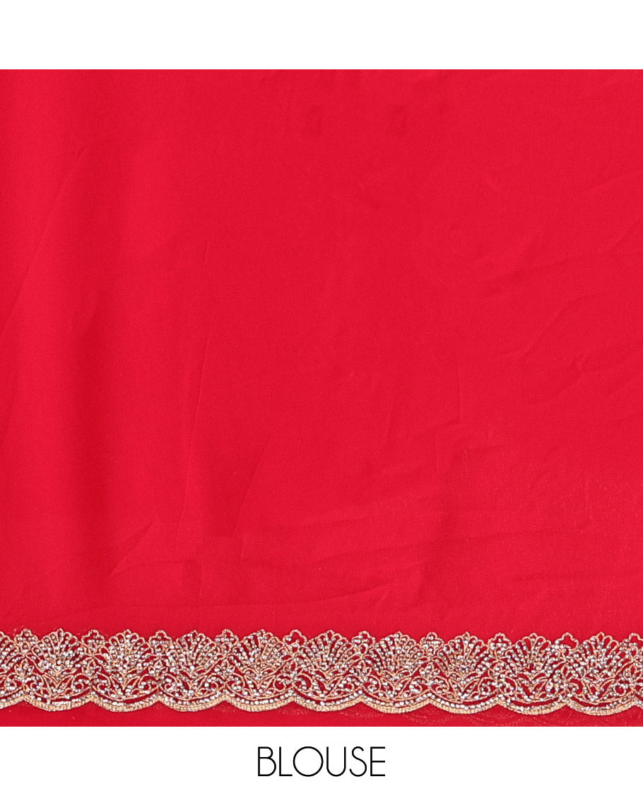 Red Designer Saree, Opulently Embellished with Floral Jaal and Embroidery Buttas, a Scallop Border, and a Matching Blouse
