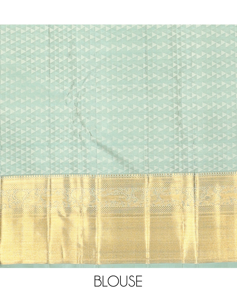 Blue Kanchipuram Wedding Silk Saree, Delicately Woven with Jacquard Design, Zari Border of Thilakam, Kathir, Kuyil Kann, Yaali, and Mayil Designs, Jaal Pallu, and a Matching Blouse