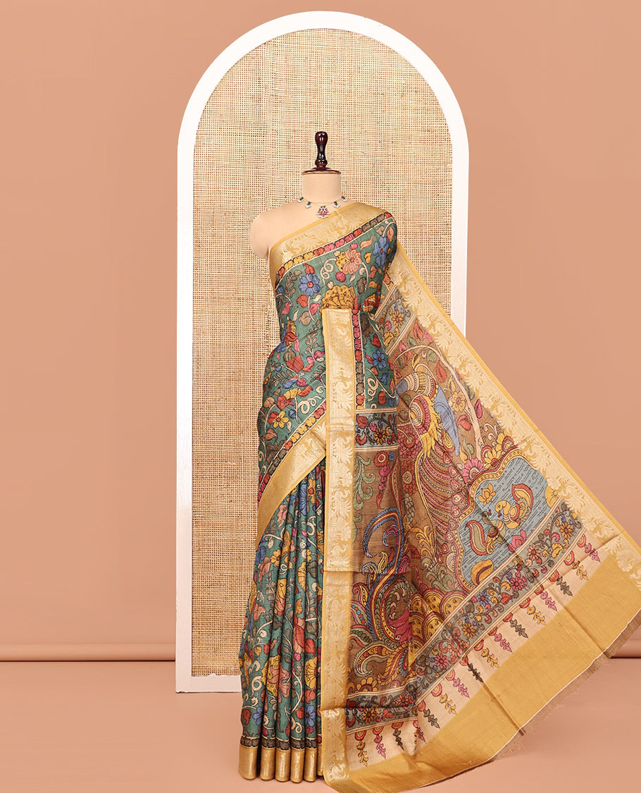 Green Kalamkari Saree, Beautified with Floral Vine Print, Complemented by Contrast Zari Border, Pallu of Flora-Fauna Print, and a Contrast Blouse
