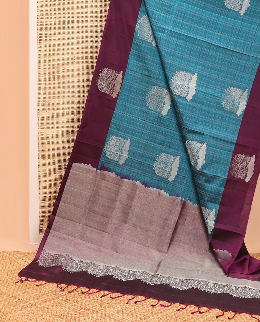 Blue checked, motifs mayuri soft silk saree with contrast border & zari design pallu