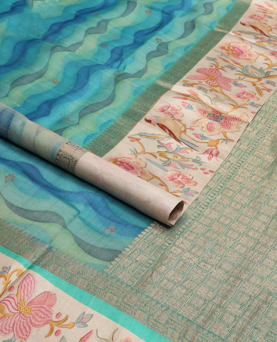 Blue motifs, abstract design tussar saree with contrast floral design border & checked design pallu