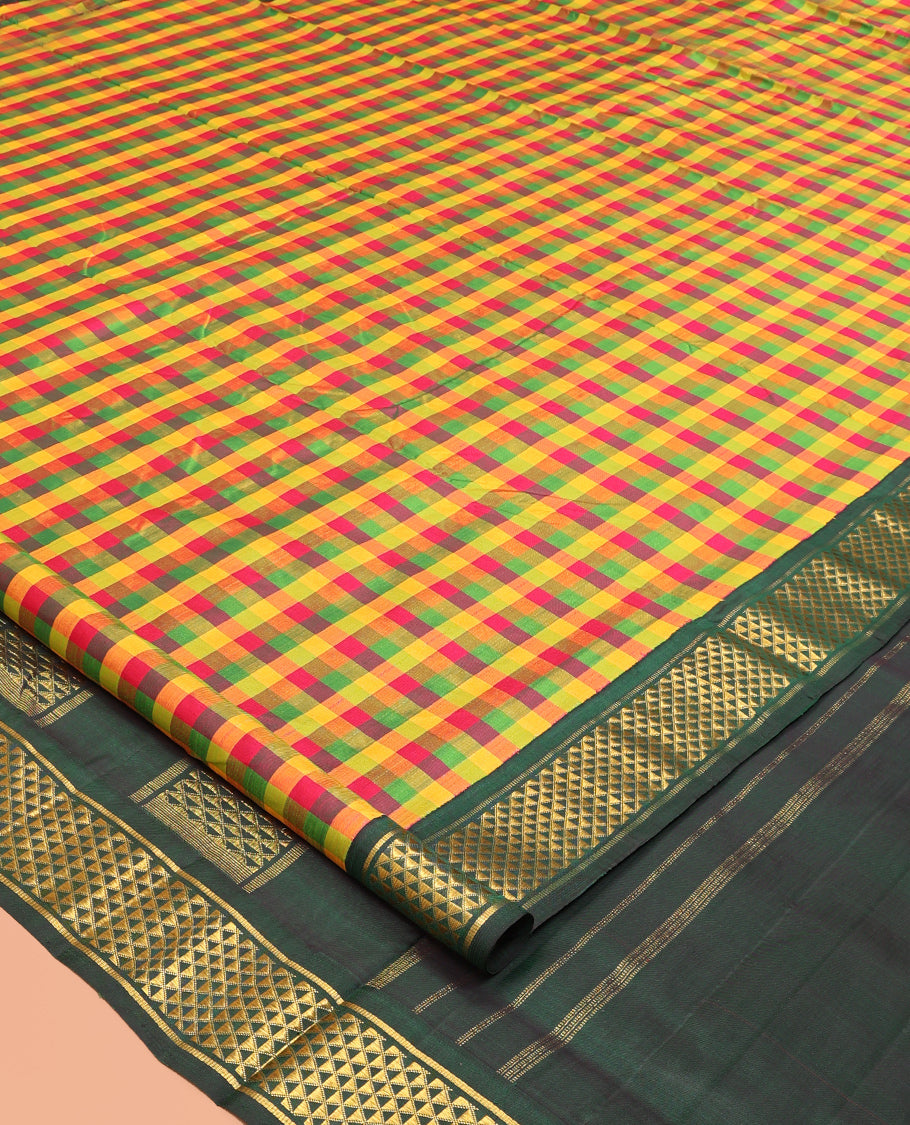 Multi-Color Palum Pazhamum Kattam Nine-Yard Silk Saree, Complemented by a Contrast Korvai Ara Maadam Border, Ara Maadam Pallu, and No Blouse