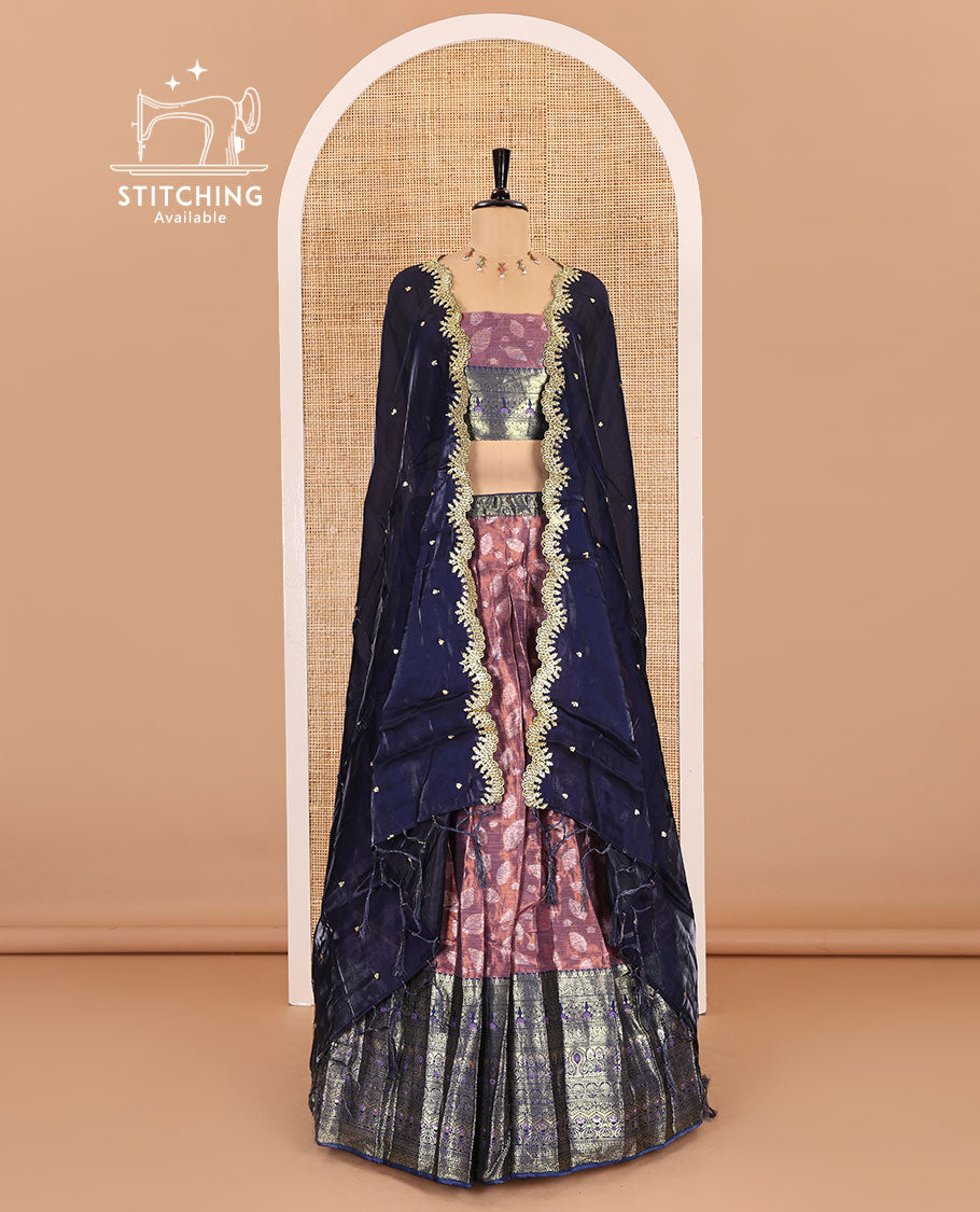 Purple and navy blue half-saree, leaf jacquard with contrast traditional bordered banarasi tissue skirt, a matching blouse, and a contrast scallop embroidered fendi organza dhavani