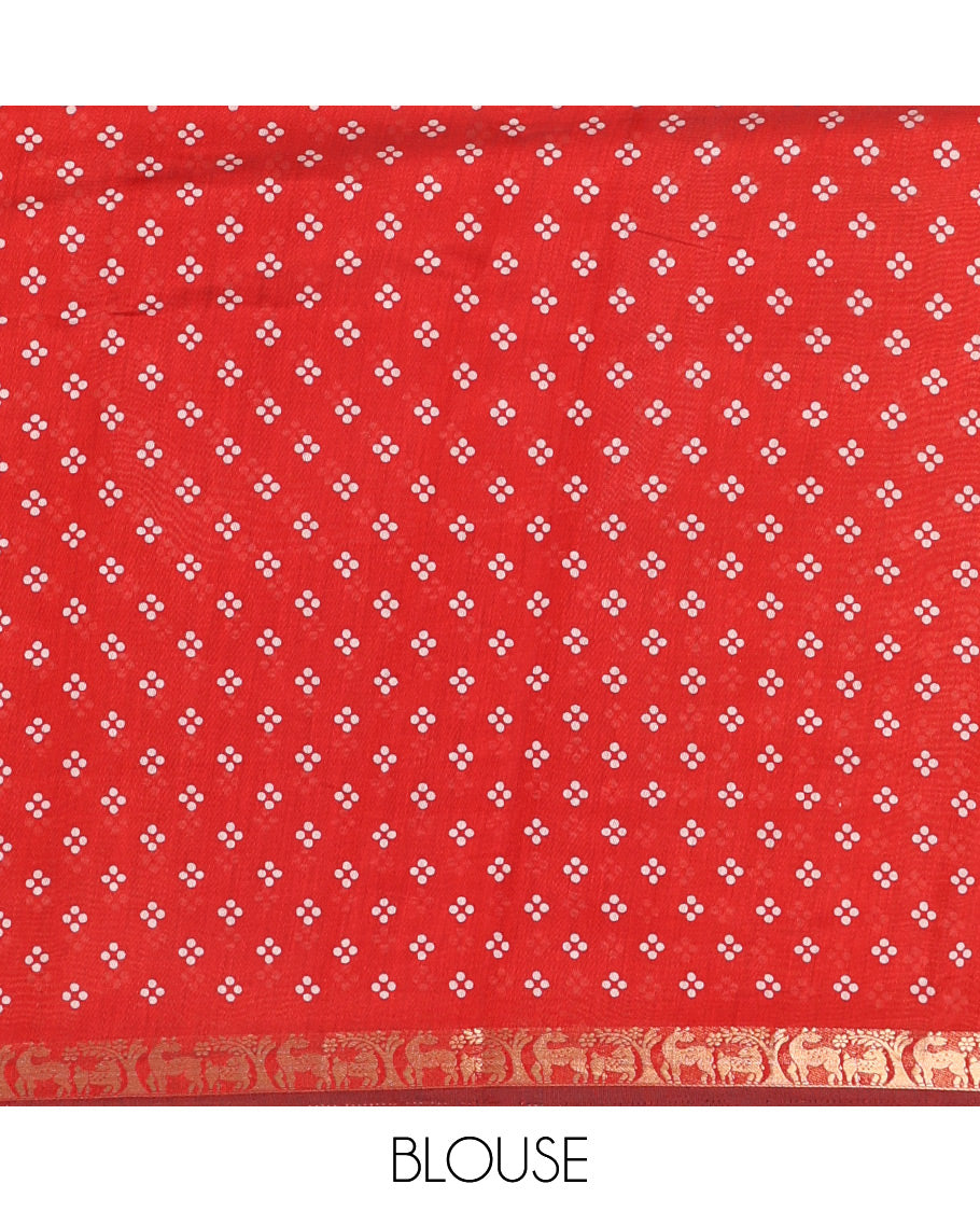 Yellow Muslin Cotton Saree Embellished with Zig-Zag Shibori Patterns Prints, Complemented by a Contrast Border of Deer Motifs in Zari, Pallu Decked Up with Scenery Print, and Paired with a Contrast Polka Dots Printed Blouse