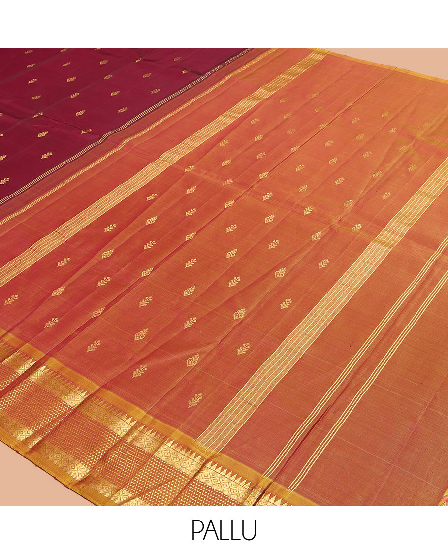 Maroon Kanchipuram Silk Saree, Graced with Zari Buttas, a Contrast One-Sided Border of Rekku, Banaras, Muthu, and Mayil Kann Design, Zari Design Pallu, and No Blouse