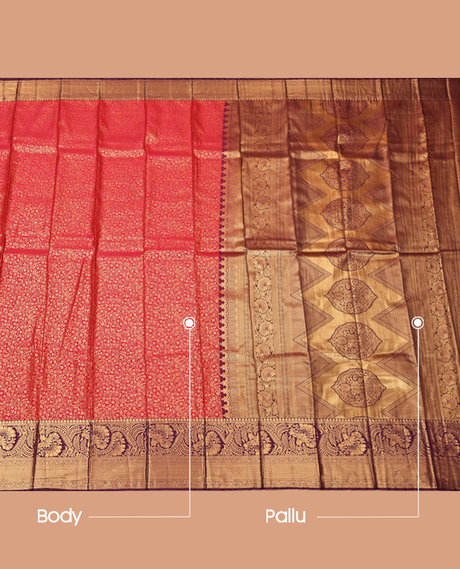 Red Budget Silk Saree, Embellished with Jacquard, Complemented by a Contrast Traditional Zari Border, Grand Pallu, and a Contrast Blouse