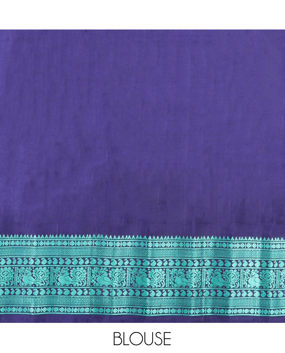 Blue Gadwal Silk Saree, Delicately Woven with Thread Buttas, Complemented by a Contrast Traditional Thread Border, Thread-Woven Pallu, and a Contrast Blouse