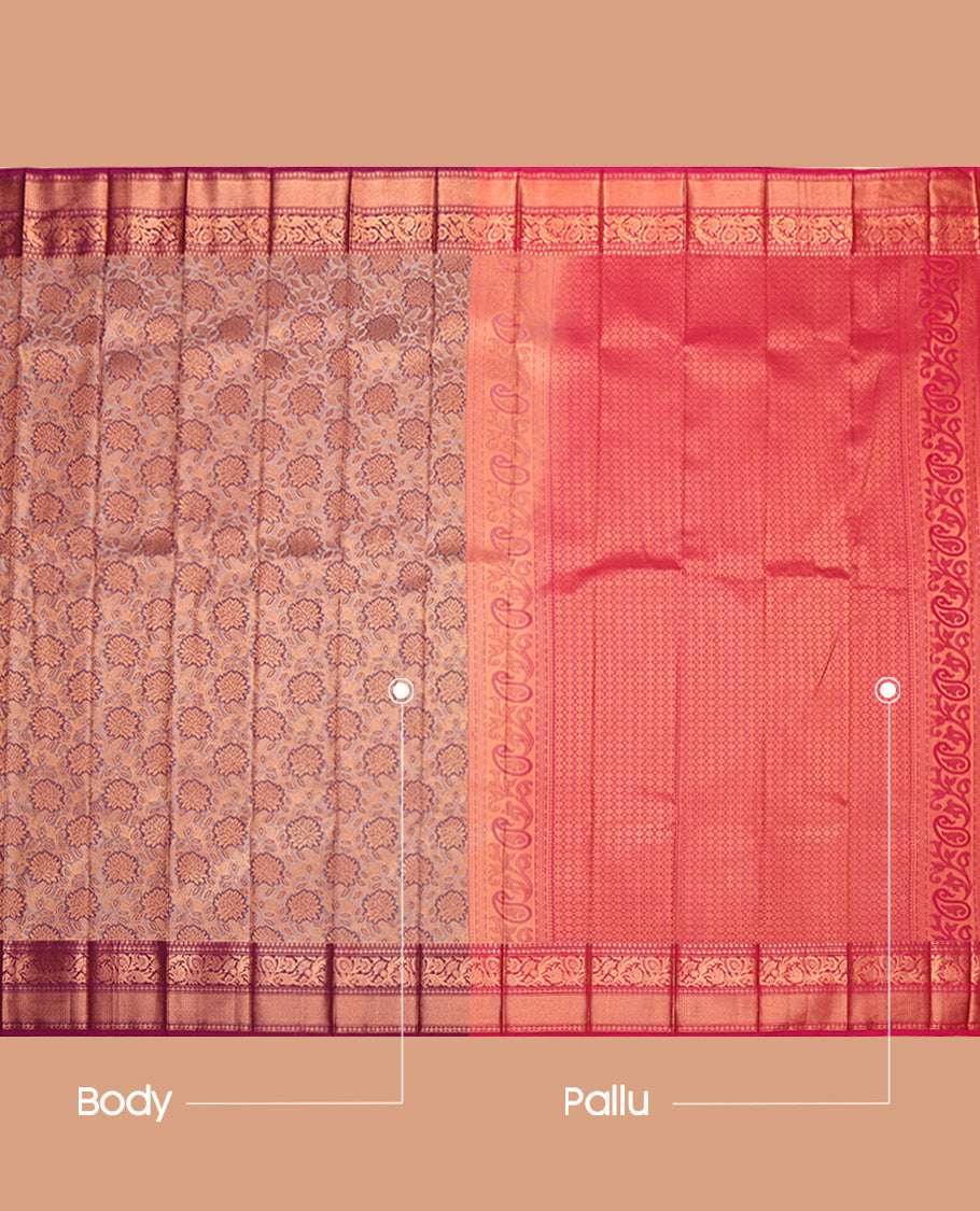 Grey Budget Silk Saree, Elevated with Floral Jacquard, Complemented by Contrast Floral Creeper Border, Grand Pallu and a Contrast Blouse