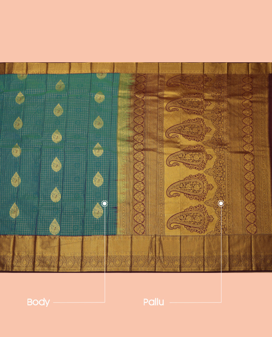 Peacock Blue Budget Silk Saree, Elevated with Zari Buttas and Checks, Complemented by a Contrast Traditional Zari Border, Grand Pallu, and Contrast Blouse