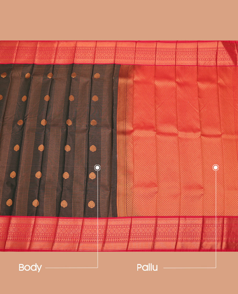 Black Budget Silk Saree, Spotlighted with Zari Stripes and Zari Buttas All Over Its Body, Complemented by a Contrast Traditional Zari Border, Grand Jaal Pallu, and Paired with a Contrast Blouse