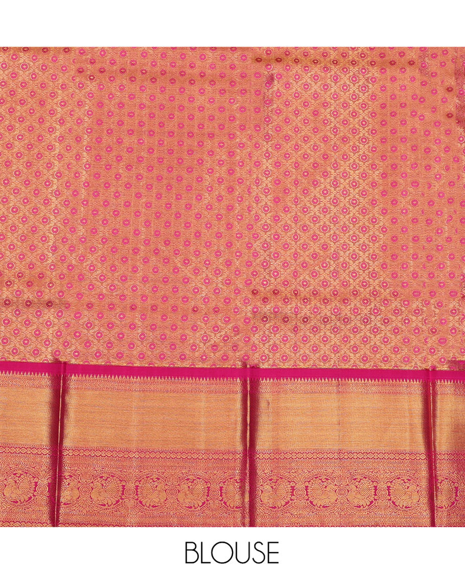 Orange Pure Silk Half-Saree, Steeped in Richness of Zari Stripes on Its Skirt, Complemented by a Contrast Border of Rekku, Muthu, Kathir, Diamond, and Mayil Designs, Comes with a Contrast Jacquard Blouse and a Dhavani of Intricate Designs
