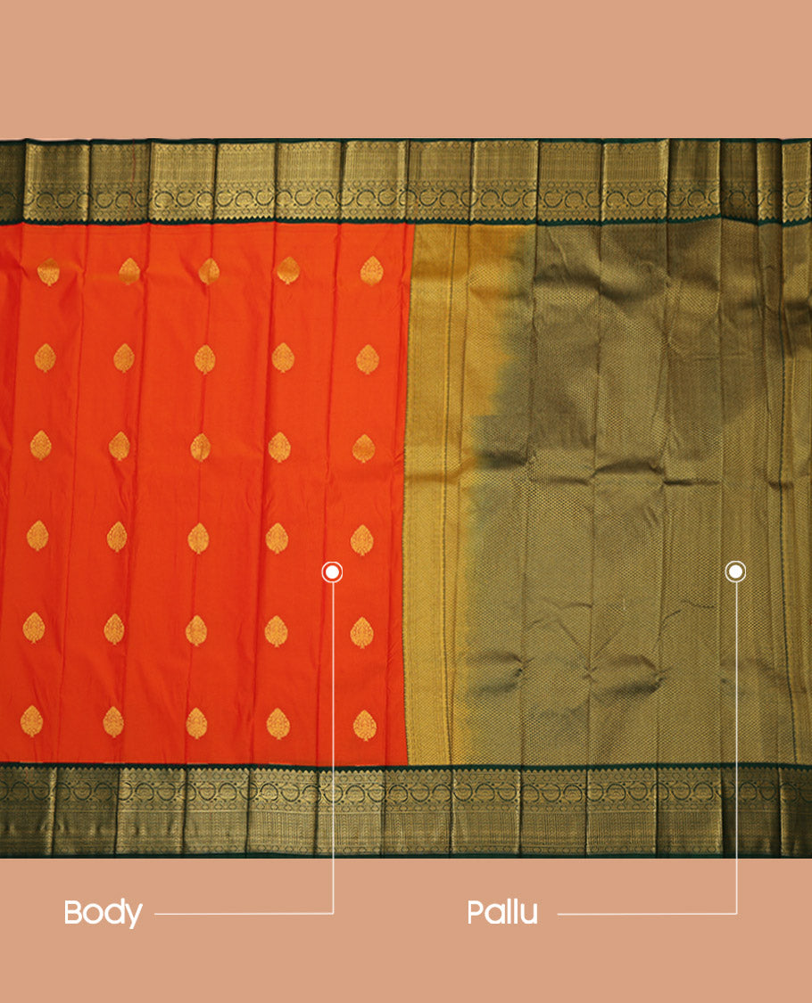 Orange Budget Silk Saree, Delicately Woven with Zari Buttas, Complemented by Contrast Traditional Zari Border, Grand Pallu, and a Contrast Blouse