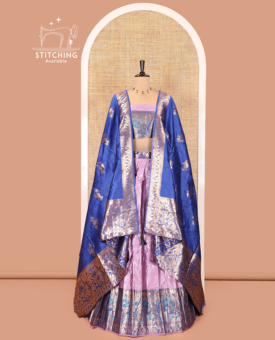 Lavender and Blue Half-Saree Set, Subtly Sparkled with Floral Vine Design on Its Banarasi Skirt, Complemented by Contrast Meenakari Floral Design with Embroidered Border, Matching Blouse, and Paired with a Banaras Dupatta