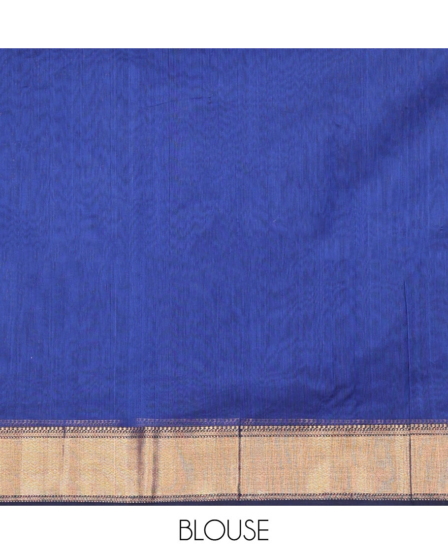 Blue Maheshwari Cotton Saree, Detailed with Zari Star Motifs All Over Its Body, Highlighted by a Zari Border of Traditional Designs, Pallu Steeped with Star Zari Designs, and Paired with a Matching Blouse
