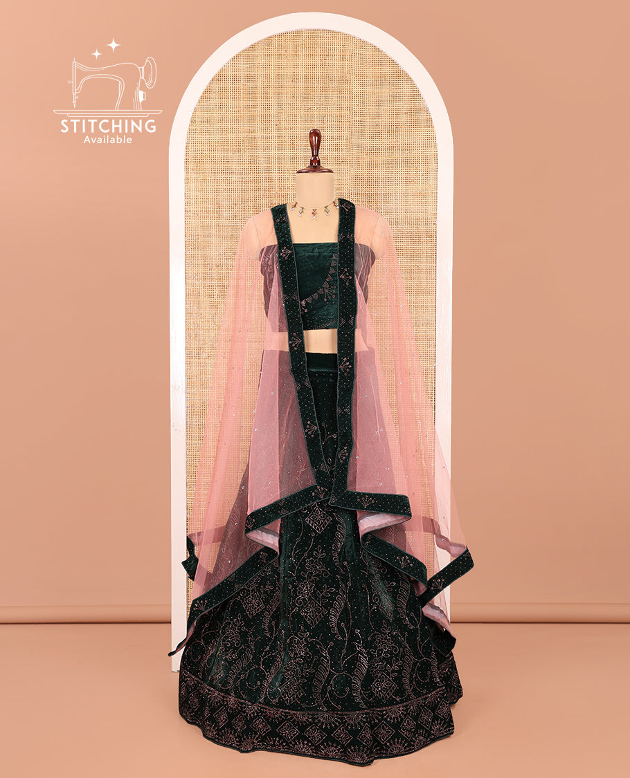 Green Velvet Half-Saree Features Swarovski Stonework Skirt, Matching Stonework Blouse, Contrast Net Dhavani